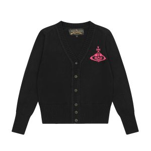 Vivienne Westwood 新款針織開衫 土星LOGO提花大V領針織毛衣外套
